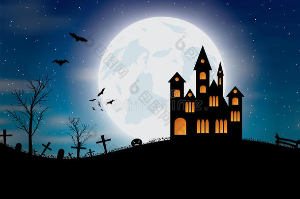 万圣节背景有城堡，南瓜，蝙蝠和大月亮