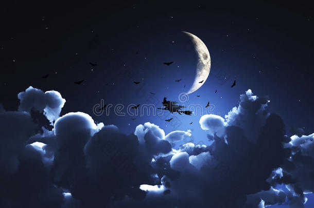 万圣节背景，女巫飞过月光下的天空