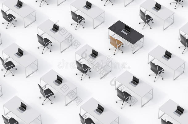 白色地板上对称的公司工作场所的顶部视图。 企业生活的概念。