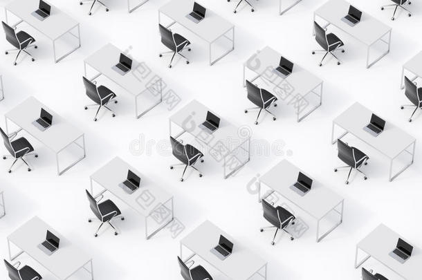 白色地板上对称的公司工作场所的顶部视图。 一家大型<strong>跨国公司</strong>的企业生活概念。 布拉克