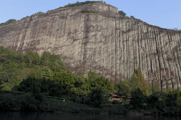 悬崖，植被和溪流的风景