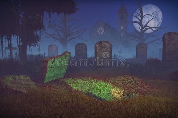 在可怕的夜晚墓地挖坟墓