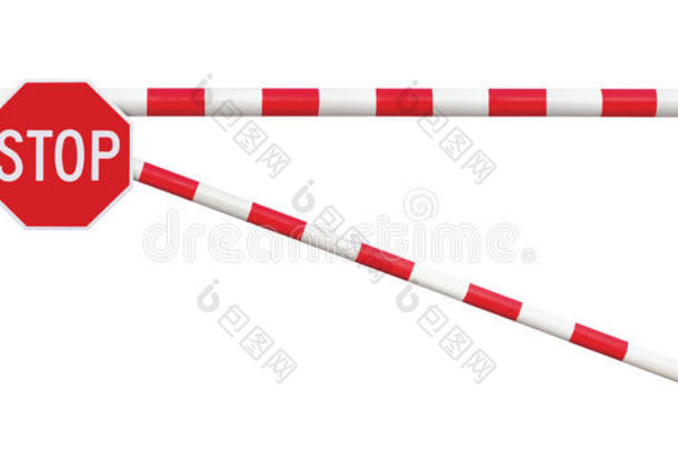 门控道路屏障特写，八角形停车标志，道路门杆在亮白色和红色，交通入口停止块安全点