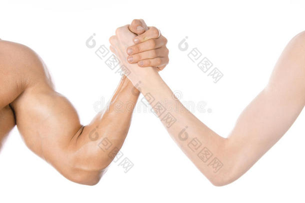 健美和健身主题：手臂摔跤瘦手和一个大的强壮手臂隔离在白色背景在工作室