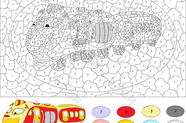 儿童按数字教育游戏的颜色。 卡通火车。