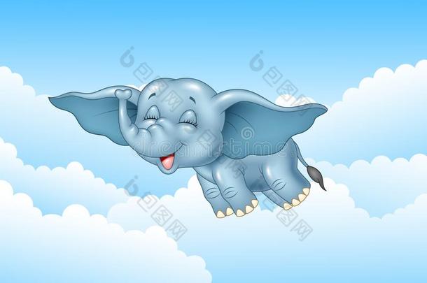 可爱的小象在云背景上飞行