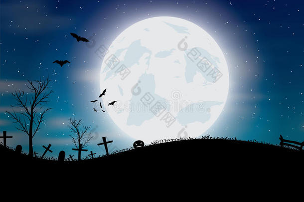 万圣节背景与南瓜，蝙蝠和大月亮