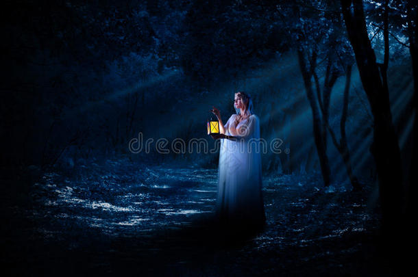 夜晚森林里提着灯笼的精灵女孩