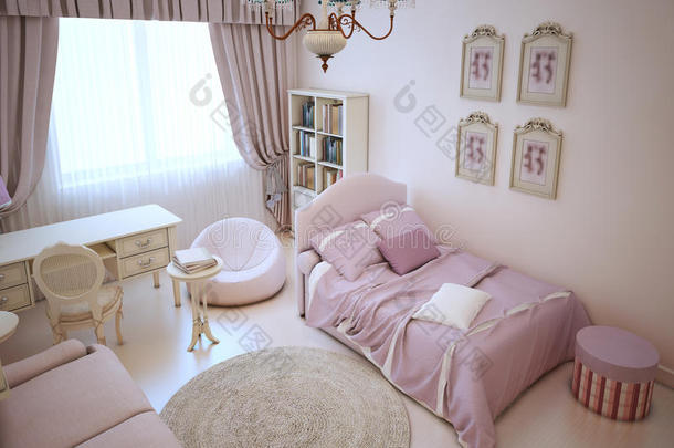 可爱的女孩卧室，柔软的家具
