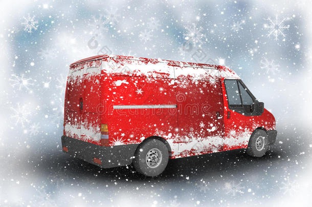 圣诞送货货车在一个闪闪发光的背景与雪花