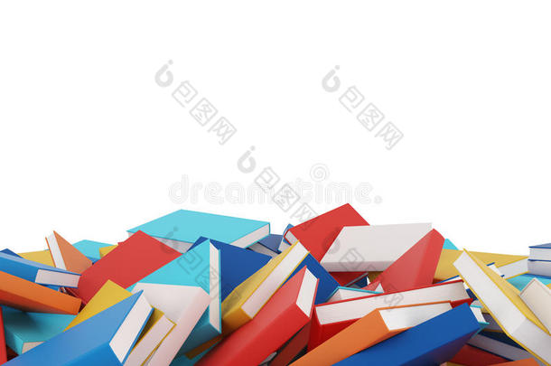 一堆不同的书，上面有五颜六色的封面，<strong>放在地板</strong>上。
