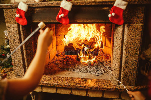 一家人在火旁烤棉花糖。 舒适的小屋回家
