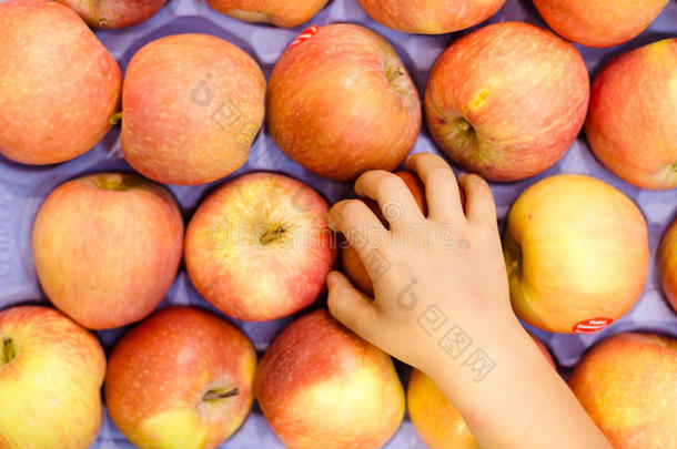 孩子的手从满是红色苹果的显示器上拿出来