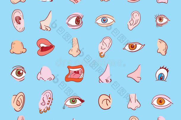 眼睛、鼻子、耳朵和嘴巴收集在不同的表情中。 图标插图
