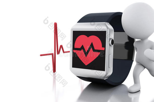 三维白人和智能手表与红色健康图标。