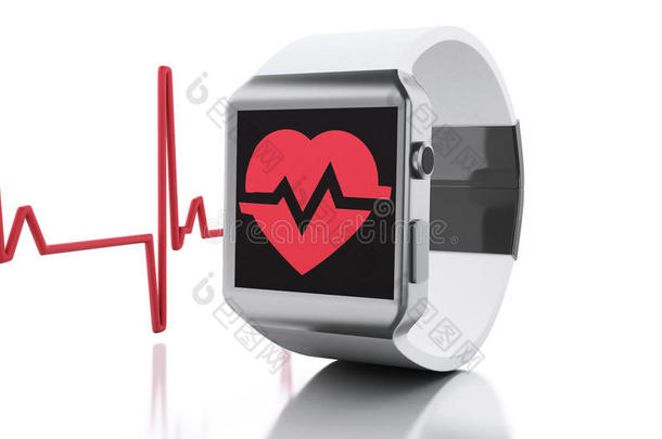 带有红色健康图标的3D智能手表。