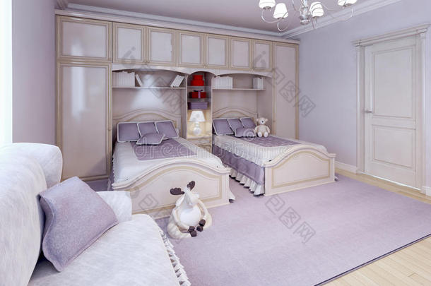 儿童卧室/儿童房间有紫色装饰