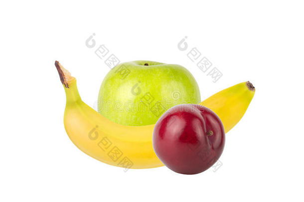 新鲜多汁的水果(<strong>李子</strong>、苹果、<strong>香蕉</strong>。
