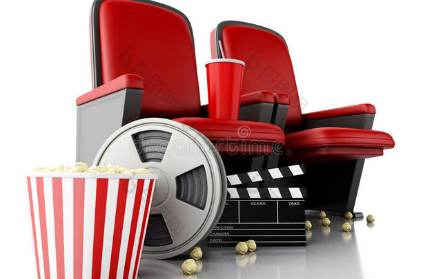 电影院座位上的3D电影卷轴、爆米花和电影院拍手板。