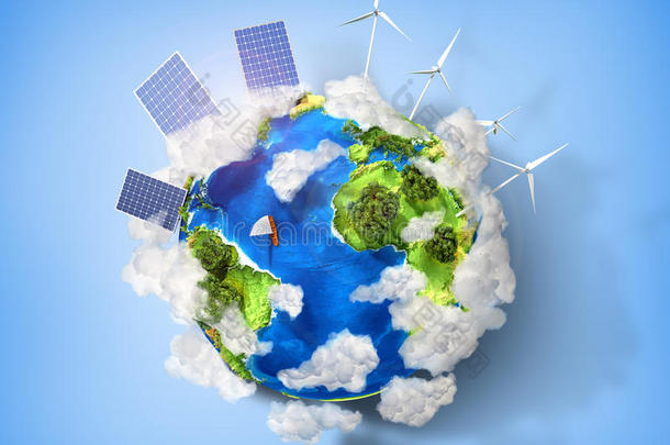 绿色能源和<strong>保护环境</strong>自然的概念。 绿色星球地球安装太阳能电池和风能