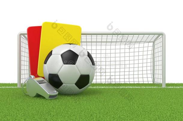 足球概念。 点球（红色和黄色)卡，<strong>金属哨子</strong>和足球(足球）球和大门