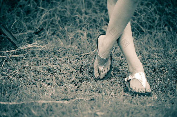 美丽的女人踩在草地上