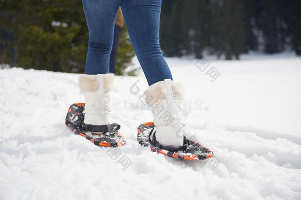 一对夫妇玩得开心，穿着雪鞋散步