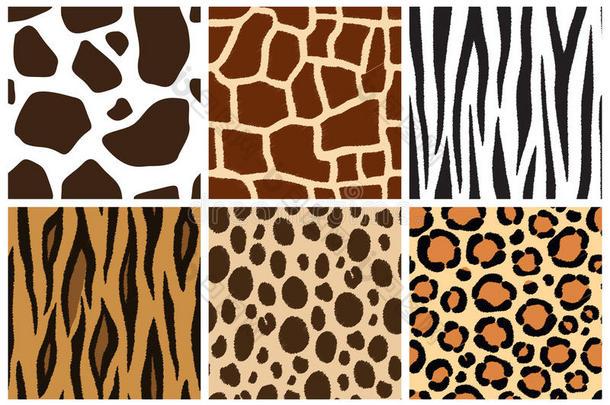 动物皮肤。 无缝图案的设计。 牛，长颈鹿，斑马，老虎，猎豹，豹