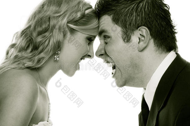 怒气冲冲的女人和男人互相<strong>吼叫</strong>。愤怒的新郎新娘。