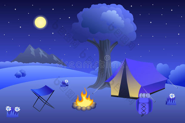 露营草地夏季景观夜间帐篷篝火树插图