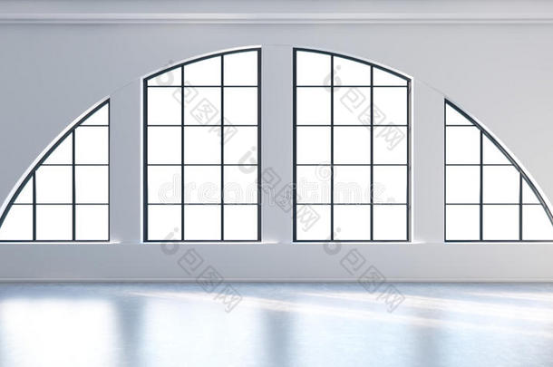 一个空的现代明亮和干净的阁楼内部。巨大的全景窗户，白色的复制空间和白色的墙壁。奢侈的概念