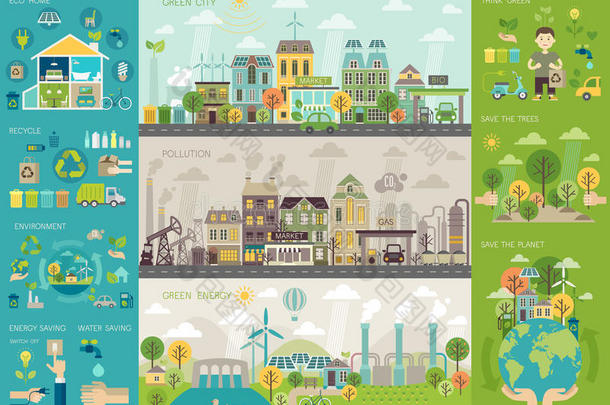 绿色城市信息图集与图表和其他元素。