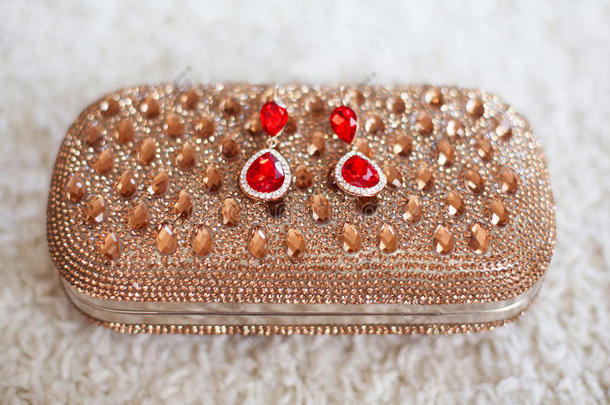 时尚耳环与红色红宝石，珠宝和钻石在黄金P