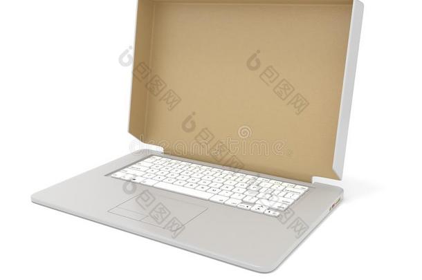 笔记本电脑上的空<strong>白纸板</strong>盒盖。 侧视图。 三维渲染
