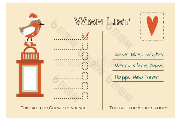 可爱的圣诞卡，愿望清单与鸟和灯笼，平面设计