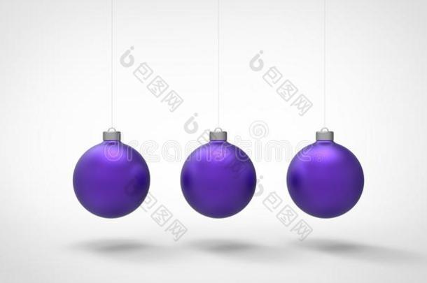 三维紫色圣诞球悬挂在白色背景上