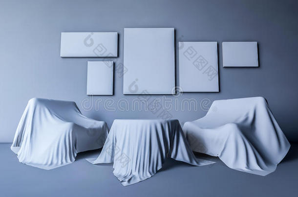 三维渲染<strong>圆桌</strong>和沙发，覆盖织物