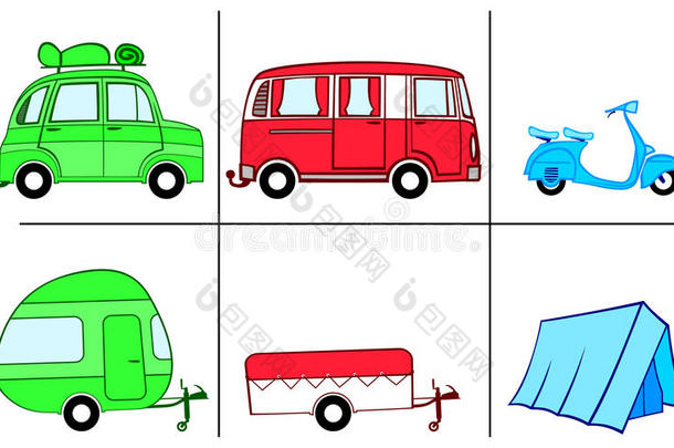 一辆带有野营商品的汽车、面包车和滑板车（大篷车、露营车、帐篷）。