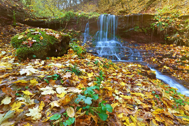 秋天树林里有瀑布的美丽景观。 （度假、旅行、娱乐）