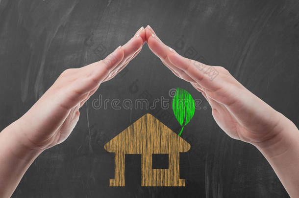 双手保护绿色能源屋的概念