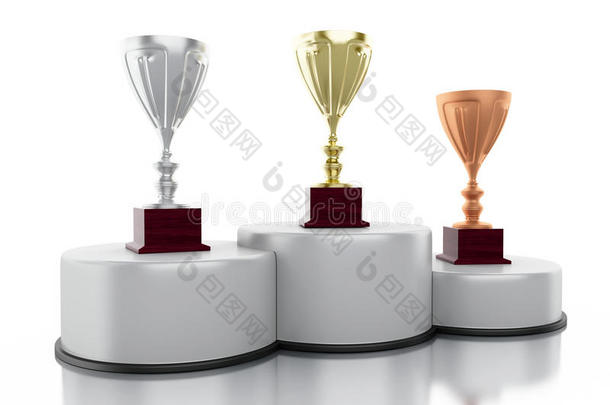 领奖台上的3D金色、银色和青铜奖杯杯。