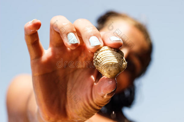 女孩展示了成立的贝壳