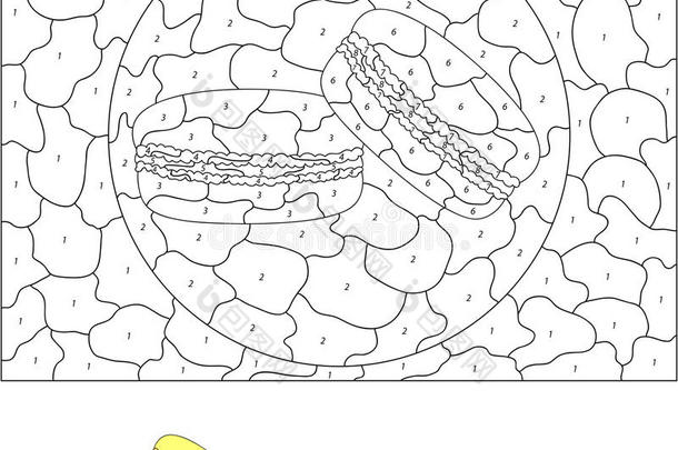 儿童按数字教育游戏的颜色。 香甜可口的马卡龙。 矢量插图