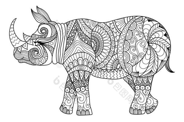 绘制Zentangle犀牛着色页面，衬衫设计效果，标志，纹身和装饰。