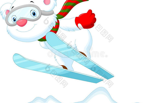 有趣的卡通北极熊在滑雪板上