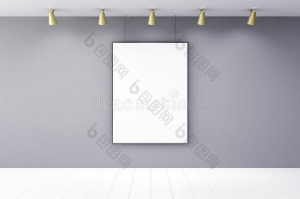 空白画框在空房间与灯具和白色木制FL