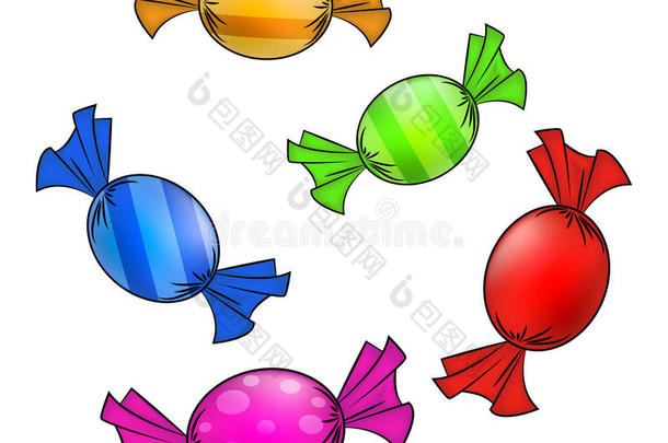 圣诞包装糖果套装。 五颜六色包装甜蜜，古迪在一张纸上。 在白色背景上分离的矢量插图