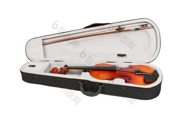 白色背景上的古董小提琴箱和小提琴