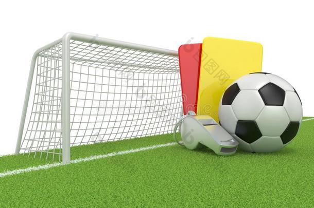 足球概念。 点球（红色和黄色)卡，金属哨子和足球(足球）球和大门