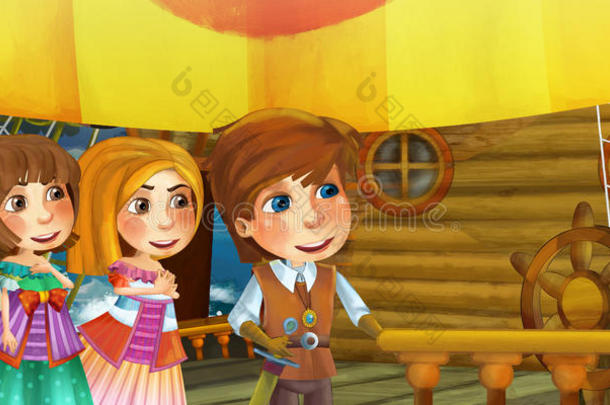 卡通场景在船上-王子和他的客女公主船长